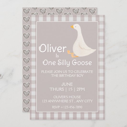 ワンガ間抜けースベージュギンガムファースト誕生日パーティー 招待状 (正面/裏面)