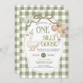 ワンガ間抜けース誕生日セージ緑ギンガム 招待状 (正面/裏面)