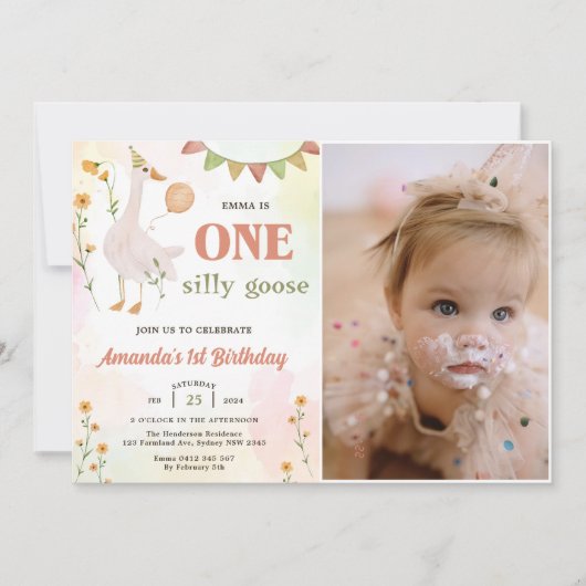 ワンガ間抜けース1歳の誕生日パーティー写真 招待状 (正面)