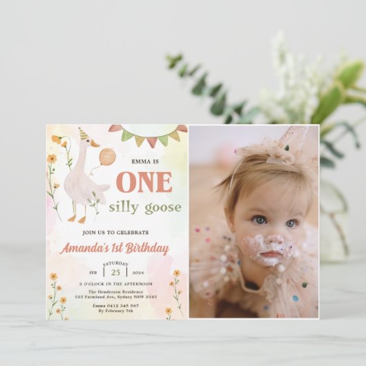 ワンガ間抜けース1歳の誕生日パーティー写真 招待状 (スタンド正面)