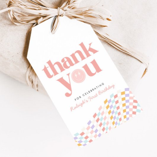 ワンクールガールズハッピー顔市松模様にレトロー ギフトタグ