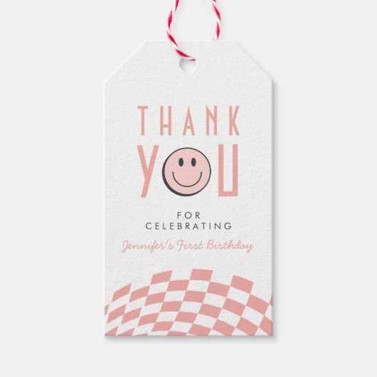 ワンクールガールズファースト誕生日市松模様にレトロ ギフトタグ (正面)