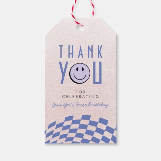 ワンクールガールズファースト誕生日市松模様にレトロ ギフトタグ (正面)