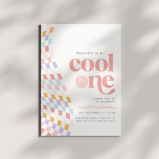 ワンクールガールズファースト誕生日市松模様にレトロ 招待状