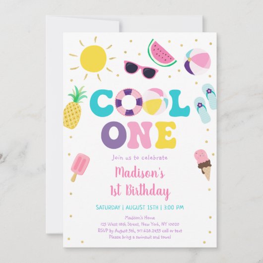 ワンクールガールプールパーティーファースト誕生日 招待状 (正面)