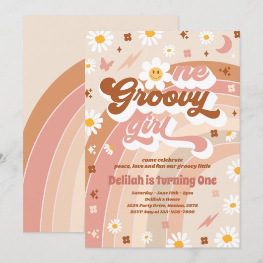 ワングルービーガールピースラブパーティーレインボー誕生日 招待状 (正面/裏面)