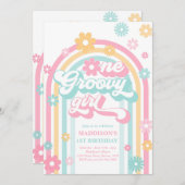 ワングルービーガールボホデイジーレインボー1st誕生日 招待状 (正面/裏面)