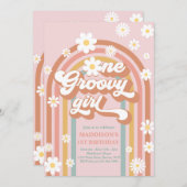 ワングルービーガールボホデイジーレインボー1st誕生日 招待状 (正面/裏面)