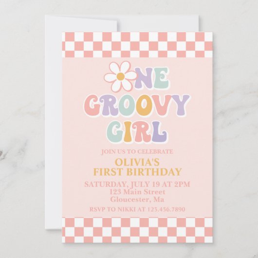 ワングルービーガールレトロガールファースト誕生日 招待状 (正面)
