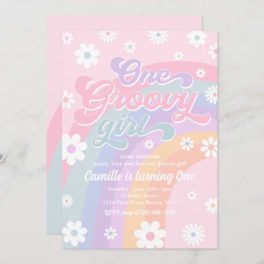 ワングルービーガールレトロデイジーピンクレインボー誕生日 招待状 (正面/裏面)