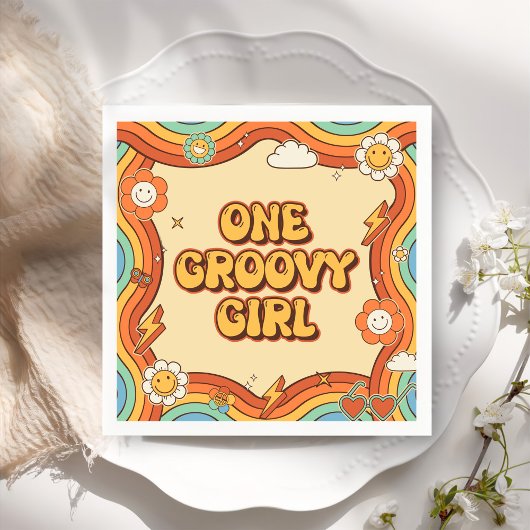 ワングルービーガールレトロレインボー1st誕生日パーティー スタンダードカクテルナプキン