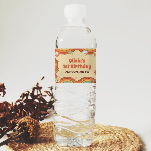 ワングルービーガールレトロレインボー1st誕生日パーティー ペットボトルラベル