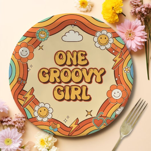 ワングルービーガールレトロレインボー1st誕生日パーティー ペーパープレート