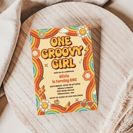 ワングルービーガールレトロレインボー1st誕生日パーティー 招待状