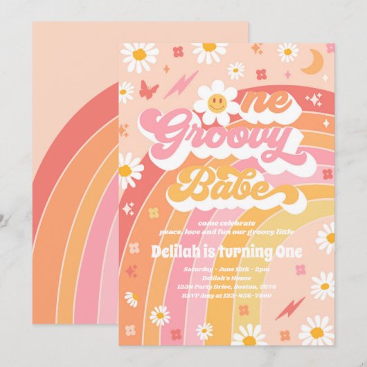 ワングルーヴィーバーベピースラブパーティーレインボー誕生日 招待状 (正面/裏面)