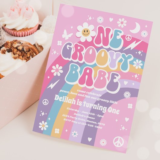 ワングルーヴィーバーベピースラブパーティーレインボー誕生日 招待状