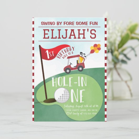 ワンゴルフの水彩赤い穴1日の誕生日 招待状 (スタンド正面)