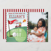 ワンゴルフの水彩赤い穴1stバースデーフォト 招待状 (正面/裏面)