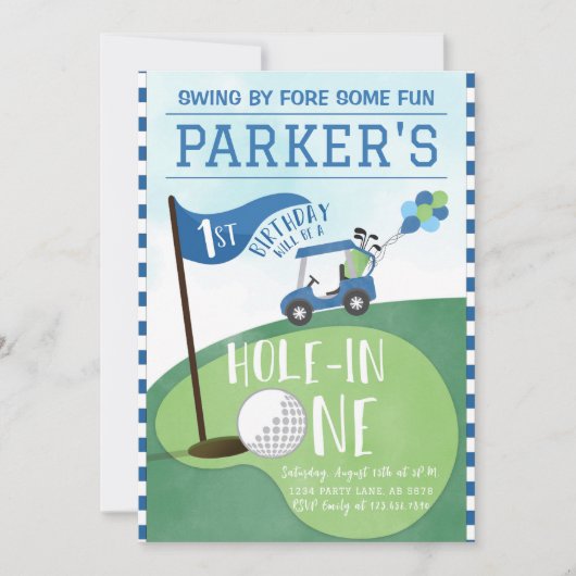 ワンゴルフの水彩青い穴1日の誕生日 招待状 (正面)