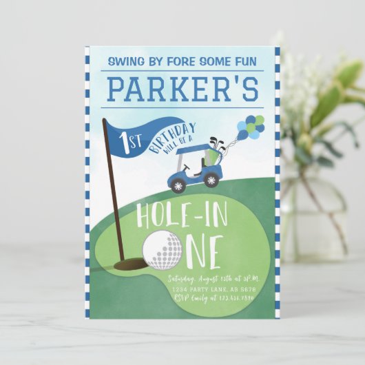 ワンゴルフの水彩青い穴1日の誕生日 招待状 (スタンド正面)
