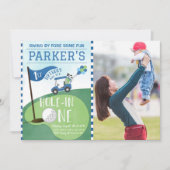 ワンゴルフの水彩青い穴1st誕生日の写真 招待状 (正面)