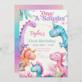ワンサウルス紫色の恐竜ガールファースト誕生日 招待状 (正面/裏面)