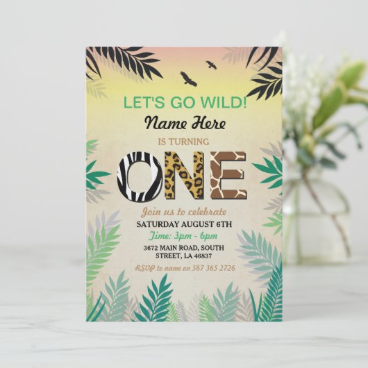 ワンジャングルの最初の誕生日パーティーサファリ動物園招待状 招待状 (スタンド正面)