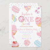 ワンスイートガールドーナッツパステルピンク1stバースデーインビ 招待状 (正面/裏面)