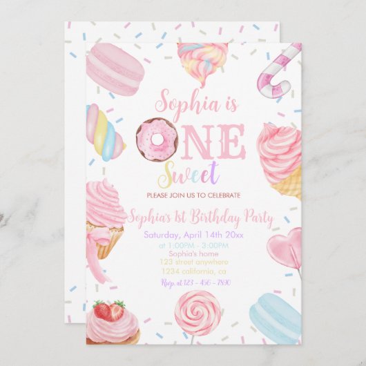 ワンスイートガールドーナッツパステルピンク1stバースデーインビ 招待状 (正面/裏面)