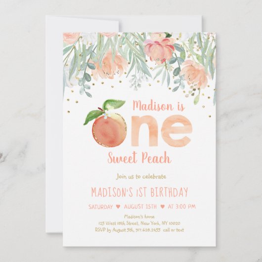 ワンスイートピーチガールファースト誕生日 招待状 (正面)