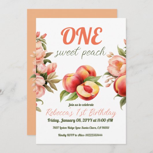 ワンスイートピーチサマーフローラ第1回目誕生日 招待状 (正面/裏面)