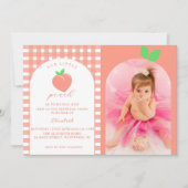ワンスイートピーチファースト誕生日写真 招待状 (正面)