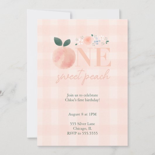 ワンスイートピーチファースト誕生日招待状 招待状 (正面)