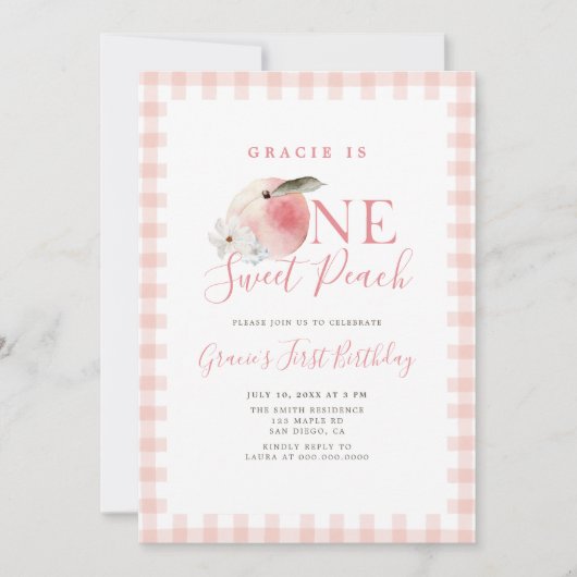 ワンスイートピーチファースト誕生日 招待状 (正面)