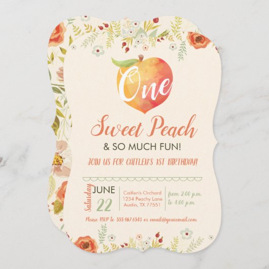 ワンスイートピーチファースト誕生日 招待状 (正面/裏面)