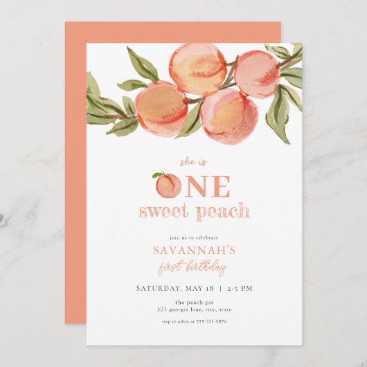 ワンスイートピーチ招待状ピーチファースト誕生日 招待状 (正面/裏面)