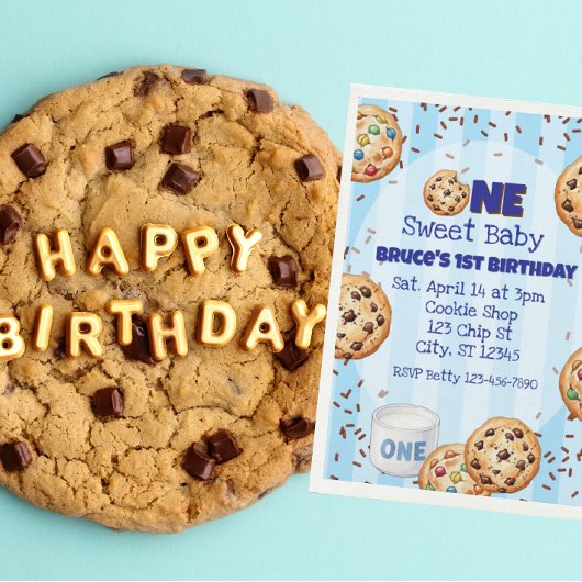 ワンスイートベイビー、ブルー クッキー 1st バースデー 招待状