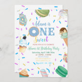 ワンスウィートボーイドナッツブルーデザート1st誕生日 招待状 (正面/裏面)