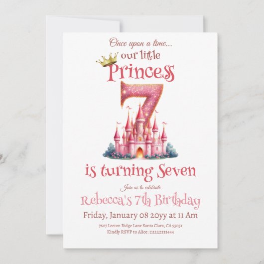 ワンスオンアタイムキャッスルプリンセスガール7th誕生日 招待状 (正面)