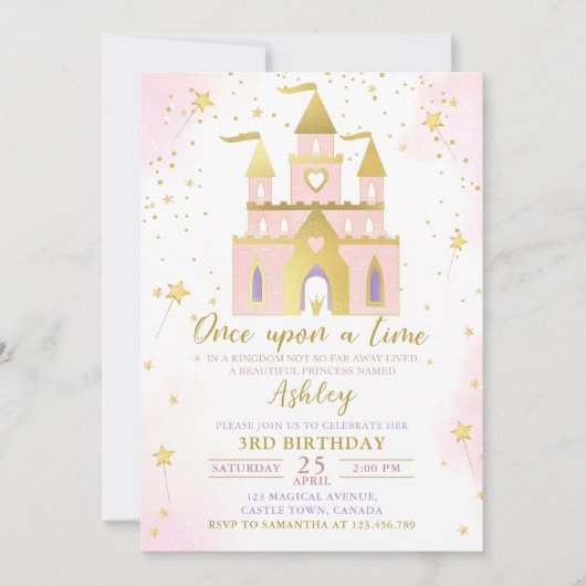 ワンスオンザタイムプリンセスキャッスルガール誕生日 招待状 (正面)