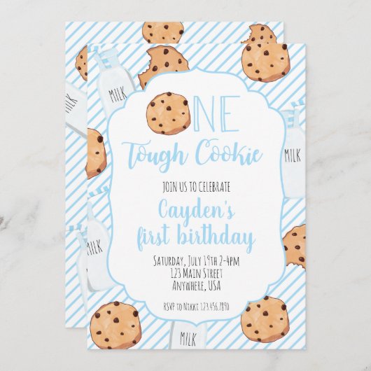 ワンタフクッキーブルーファースト誕生日 招待状 (正面/裏面)