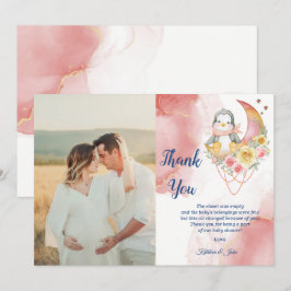 ワンダお洒落ーランドピンクペンギンベビーシャワーガール サンキューカード