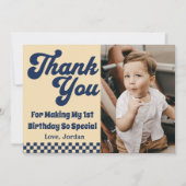 ワンダクールードレトロ少年1st誕生日パーティー写真 サンキューカード (正面)