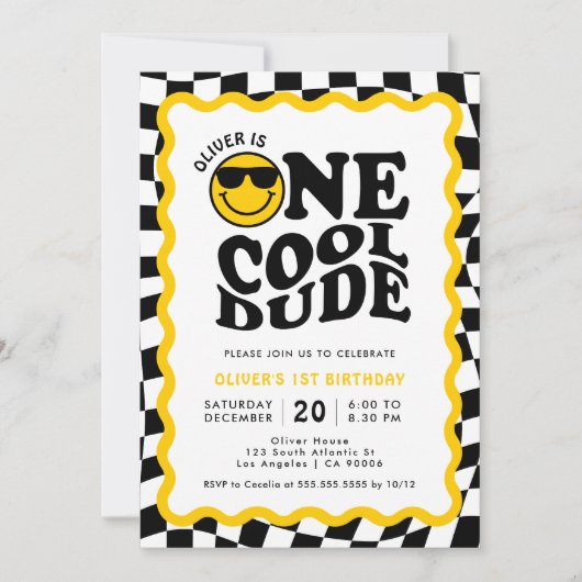 ワンダクールード | 波状ハッピー顔ボーイ1st誕生日 招待状 (正面)