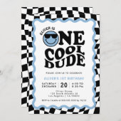 ワンダデクールブルースマイル顔ボーイ1st誕生日 招待状 (正面/裏面)