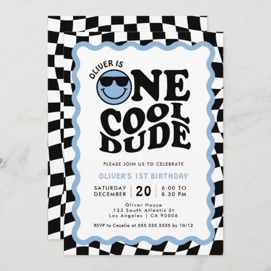 ワンダデクールブルースマイル顔ボーイ1st誕生日 招待状 (正面/裏面)