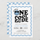 ワンダデクールブルーハッピーゲームボーイ1歳顔 招待状 (正面/裏面)