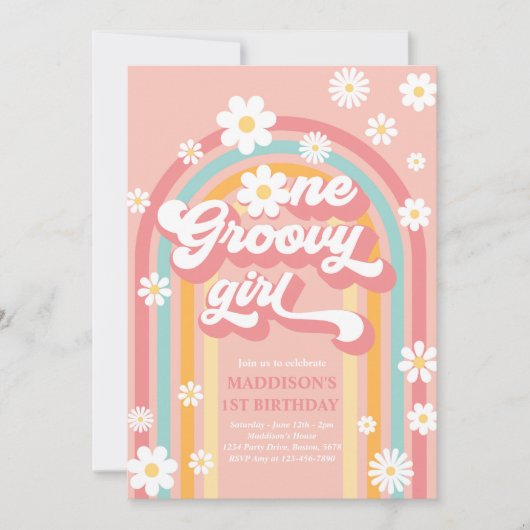 ワンダフルでボヘミアンのダジー虹の1歳の誕生日 招待状 (正面)