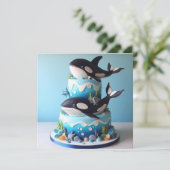 ワンダフルブラック&ホワイトオルカクジラお誕生日ケーキ カード (スタンド正面)