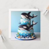 ワンダフルブラック&ホワイトオルカクジラお誕生日ケーキ カード (正面/裏面インサイチュ)